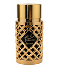 A gold cylindrical perfume bottle with a geometric lattice pattern and a black central label reading 'Mashaekh Suratti' in Arabic and English, set against a plain white background.