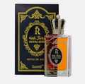 Royal De Oud perfume bottle with a crown cap next to its black and gold outer box, featuring orange and red gradient liquid inside, on a light gray background.
