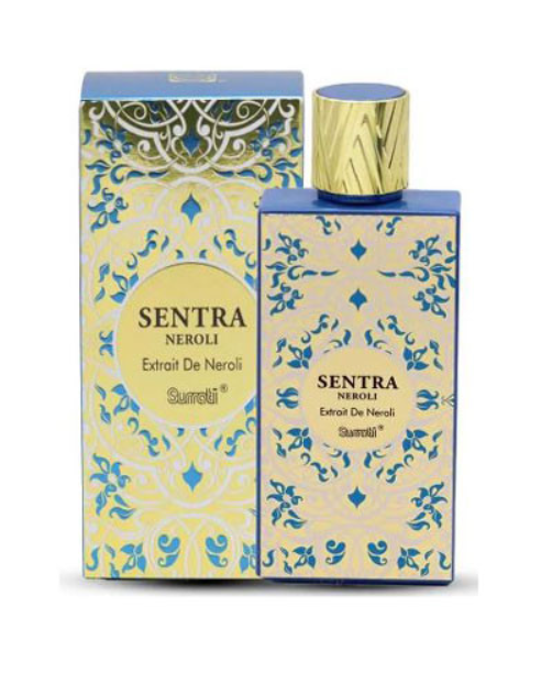 A bottle and matching box of Sentra Neroli Extrait De Neroli perfume by Surrati, featuring a pale yellow and blue ornate pattern with a gold cap.