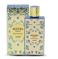 Sentra Neroli Extrait De Neroli perfume bottle and its matching retail box, both decorated with a blue and gold ornate damask pattern on a cream background.