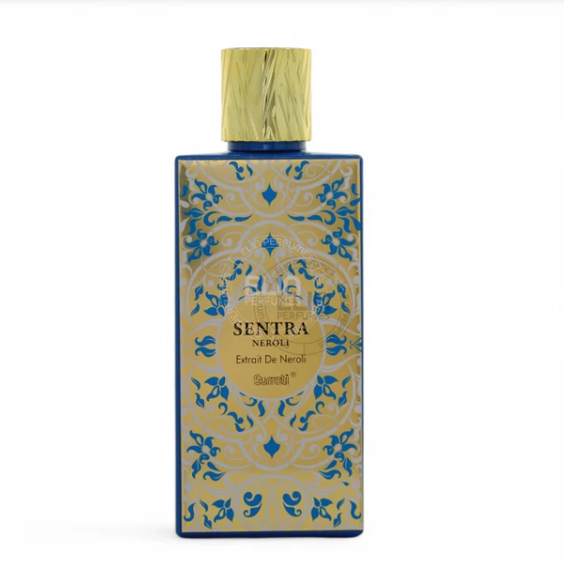 A rectangular bottle of Sentra Neroli Extrait De Neroli perfume, featuring a gold and blue ornate patterned label and a textured gold cap, set against a plain white background.
