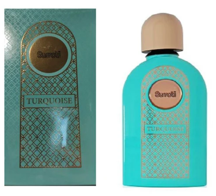 Turquoise Surrati Turquoise perfume bottle with a beige cap next to its matching turquoise and gold patterned box.