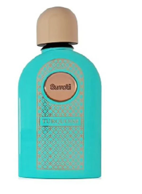 A turquoise blue bottle of Surrati Turquoise perfume with a beige cap and a gold patterned label, shown against a plain white background.