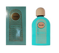 Surrati Turquoise perfume bottle with a beige cap next to its matching turquoise and gold-patterned packaging box, on a white background.