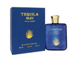 Tequila Bleu Pour Homme cologne bottle and packaging box. The bottle is a deep blue glass with a gold cap and gold lettering, standing next to its matching blue box with gold text and a gold agave graphic.