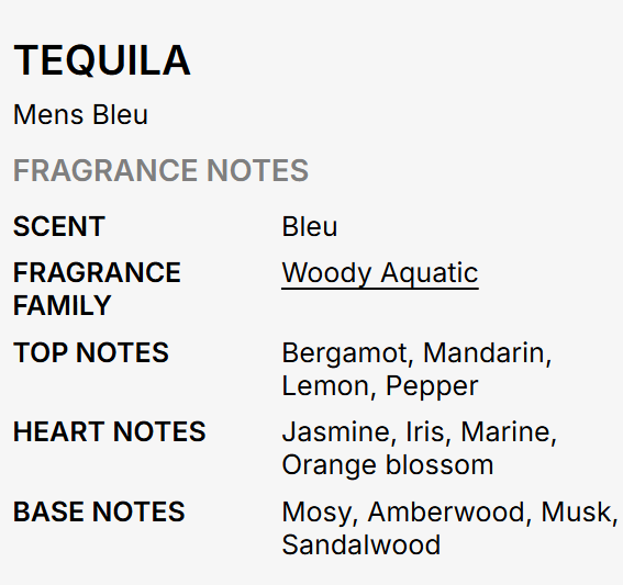 A text-based fragrance notes card for Tequila by Mens Bleu, detailing scent as Bleu, fragrance family as Woody Aquatic, and listing top, heart, and base notes on a light gray background.