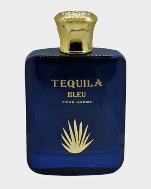 A bottle of Tequila Bleu Pour Homme fragrance, featuring a deep cobalt blue glass bottle with a metallic gold cap and gold lettering, set against a light gray background.