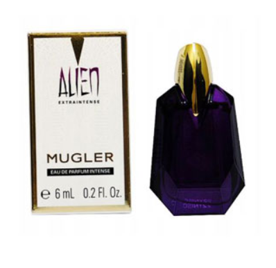 Mugler Alien Extraintense Eau de Parfum Intense, 6 mL bottle with its original white and gold packaging box on a white background.