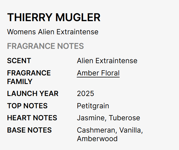 A text-based fragrance note card for Thierry Mugler's 'Womens Alien Extraitense' perfume, categorized under 'Amber Floral'. The card lists the launch year as 2025 and details the top, heart, and base notes.