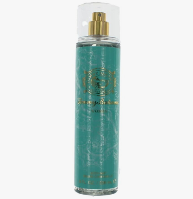 A tall cylindrical spray bottle of Tommy Bahama Sail Martinique Body Mist fragrance, featuring a textured teal-green body with gold lettering and a gold spray nozzle under a clear cap, set against a plain white background.