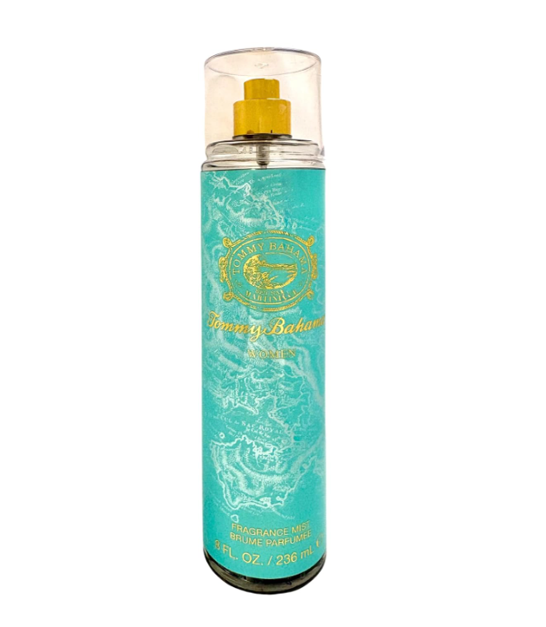 Tommy Bahama Sail Martinique perfume spray bottle with a turquoise blue label, gold lettering, and a yellow spray nozzle under a clear cap, shown on a white background.
