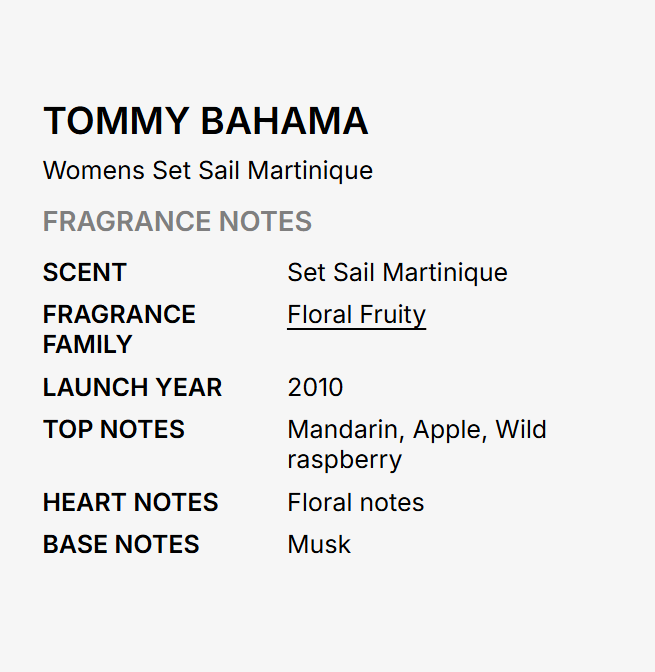 A text-based fragrance notes card for Tommy Bahama Women's Set Sail Martinique, listing scent, fragrance family, launch year, top notes, heart notes, and base notes on a light gray background.