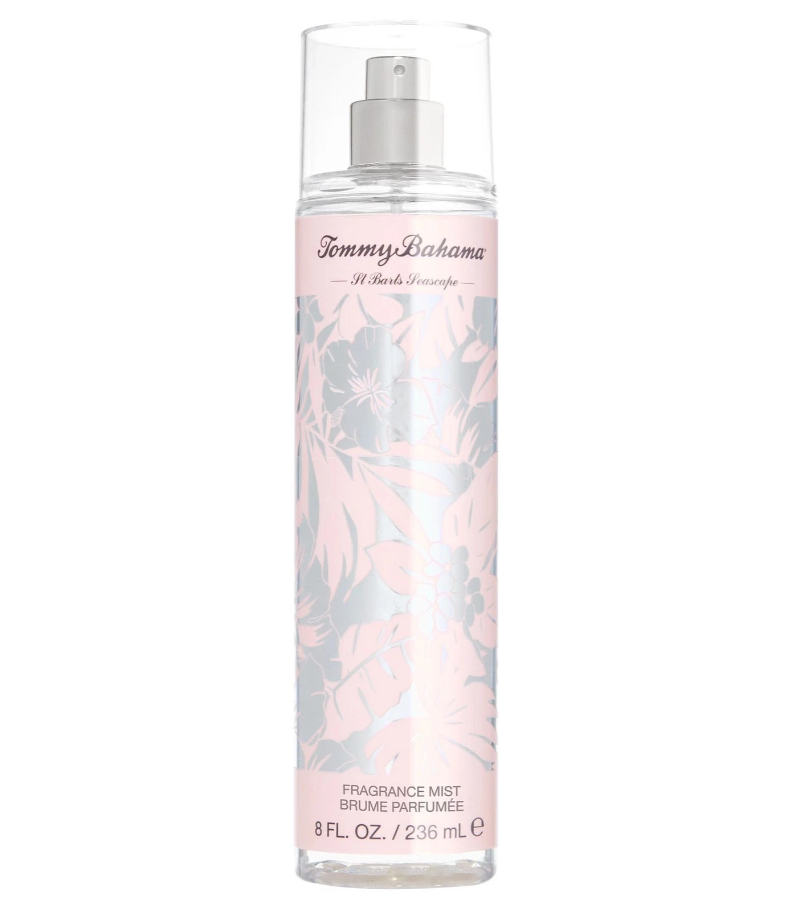 Tommy Bahama seascape fragrance mist in a clear cylindrical spray bottle with a silver pump, featuring a light pink tropical floral pattern on a white background.