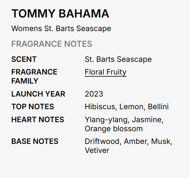 A text-based fragrance notes card for Tommy Bahama Women's St. Barts Seascape, listing scent, fragrance family, launch year, top notes, heart notes, and base notes on a light gray background.