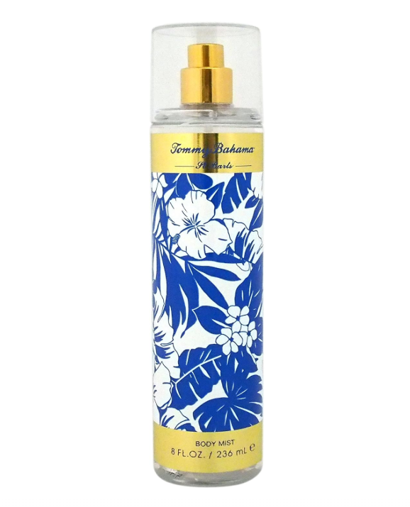 Tommy Bahama Set Sail St. Barts Body Mist body mist in a clear cylindrical spray bottle and a blue and white tropical floral pattern label.