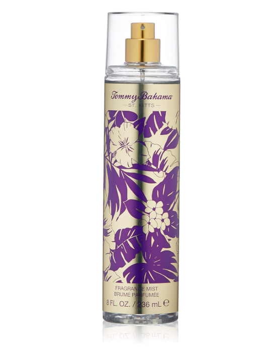 Tommy Bahama Fragrance St. Kitts Body Mist in a clear cylindrical bottle with a gold spray top and a beige label decorated with purple and white tropical floral patterns.