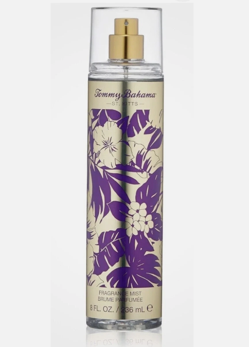 Tommy Bahama Coconut & Palm Fragrance Mist in a 6 oz clear spray bottle  and a beige label decorated with purple and white tropical floral patterns.