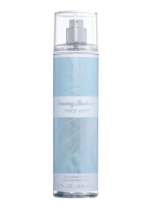 Tommy Bahama Very Cool Fragrance Mist in a clear cylindrical spray bottle with a light blue textured label and silver spray mechanism, shown on a plain white background.