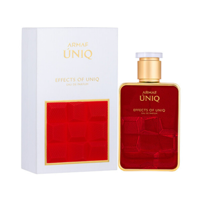 Armaf Uniq Effects of Uniq Eau de Parfum bottle with a gold cap next to its white and red packaging box.