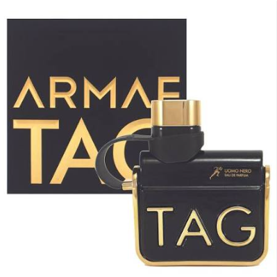 Armaf Tag Eau de Parfum bottle in black with gold lettering and trim, shown in front of its black and gold branded box.