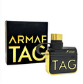 Armaf Tag cologne perfume bottle and packaging box. The bottle is black with gold lettering and a gold cap, positioned in front of its black box which features large gold 'ARMAF TAG' branding.