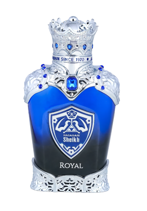 A decorative bottle of VIAL AL HARAMAIN SHEIKH N ROYAL fragrance, featuring a vibrant blue gradient body that fades to black at the bottom, adorned with a detailed silver crown and blue gem accents, set against a plain white background.