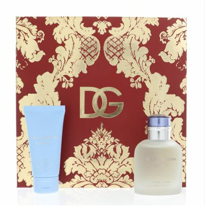 Dolce & Gabbana Eros gift set featuring a red and gold damask-patterned box with a gold DG logo, a light blue shower gel tube, and a frosted glass perfume bottle with a silver cap.