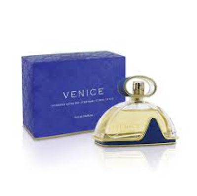 Venice Eau de Parfum bottle with a gold cap and blue base, shown next to its blue packaging box on a white background.