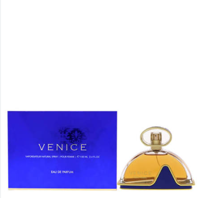 Venice Eau de Parfum bottle with a gold and blue design next to its blue packaging box on a white background.
