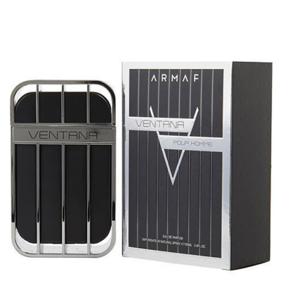 Armaf Ventana Pour Homme cologne bottle and its packaging box, featuring a black and silver design.