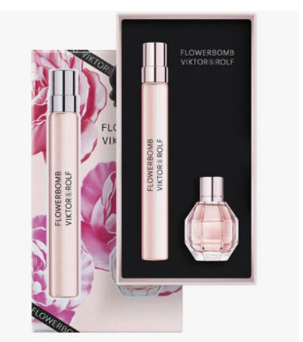 Viktor & Rolf Flowerbomb perfume set with a pink floral outer box, a tall pink spray bottle with a silver cap, and a faceted pink perfume bottle on a black insert.