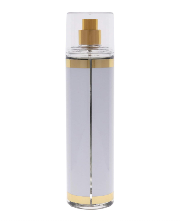 A tall, cylindrical clear glass perfume bottle with a pale lavender-gray body, a gold spray nozzle, and gold metallic bands near the top and bottom, set against a plain white background.