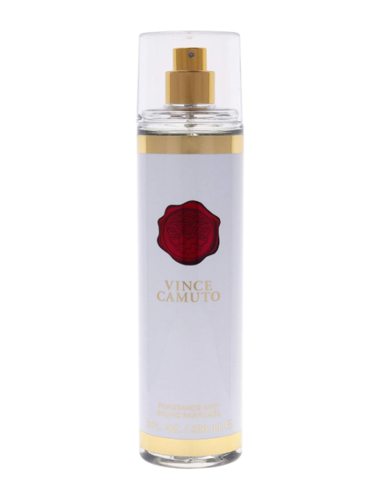 A tall cylindrical bottle of Vince Camuto perfume with a clear cap, gold spray top, and a white label featuring a red wax seal logo and gold lettering.