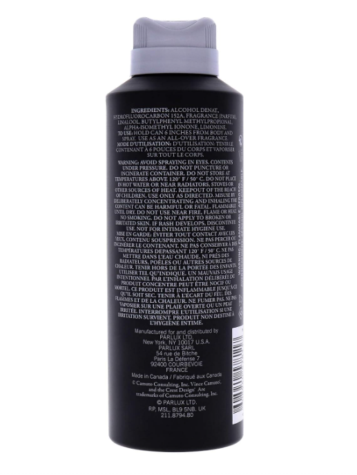 A black bottle of deodorant shown from the back, featuring a gray ribbed cap and dense white text detailing ingredients, warnings, and manufacturer information.