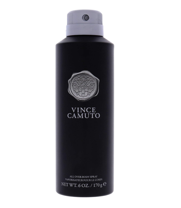 A black aerosol can of Vince Camuto All Over Body Spray with a gray cap, shown against a plain white background.