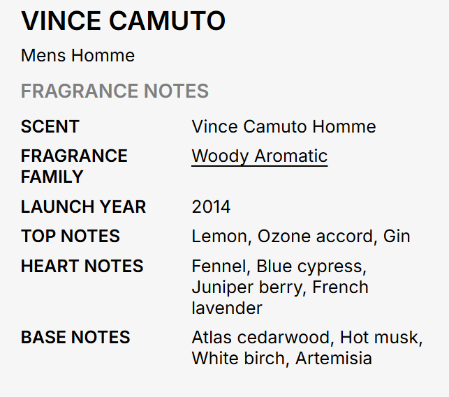 A text-based fragrance notes card for Vince Camuto Mens Homme, detailing the scent as Woody Aromatic with notes of lemon, gin, fennel, blue cypress, juniper berry, and french lavender, on a light gray background.