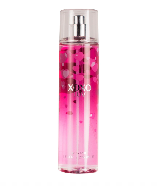 A tall cylindrical clear bottle filled with bright pink liquid and decorated with floating pink hearts. The bottle has a silver spray nozzle at the top and the text 'XOXO by Luv' printed on the front, set against a plain white background.