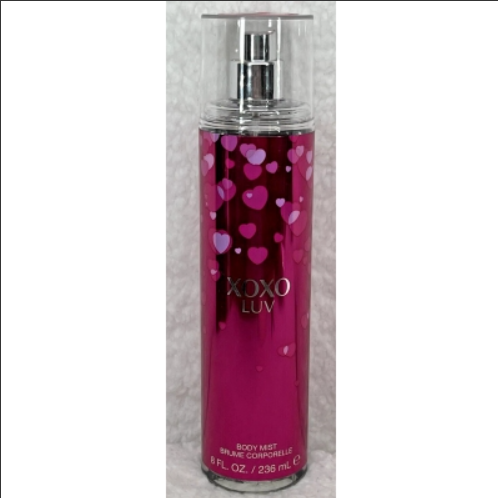 XOXO Luv Body Mist – Floral Fruity Sweet, top notes bright citrus juicy berries and playful fruity accords, heart delicate rose and soft peony, base soft musks warm vanilla and light sweet warmth