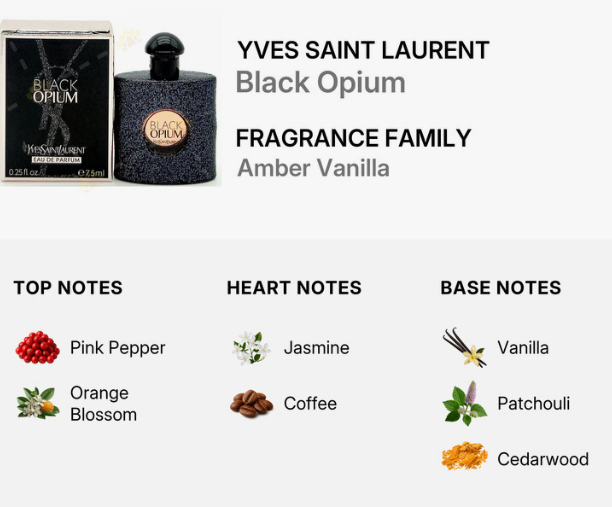 Yves Saint Laurent Black Opium fragrance bottle and box on a light gray background, with text identifying the fragrance family as Amber Vanilla and listing top, heart, and base notes with small icons.