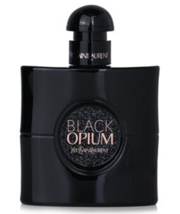 Yves Saint Laurent Black Opium perfume bottle in glossy black glass with a matching black cap and a glittery circular label.