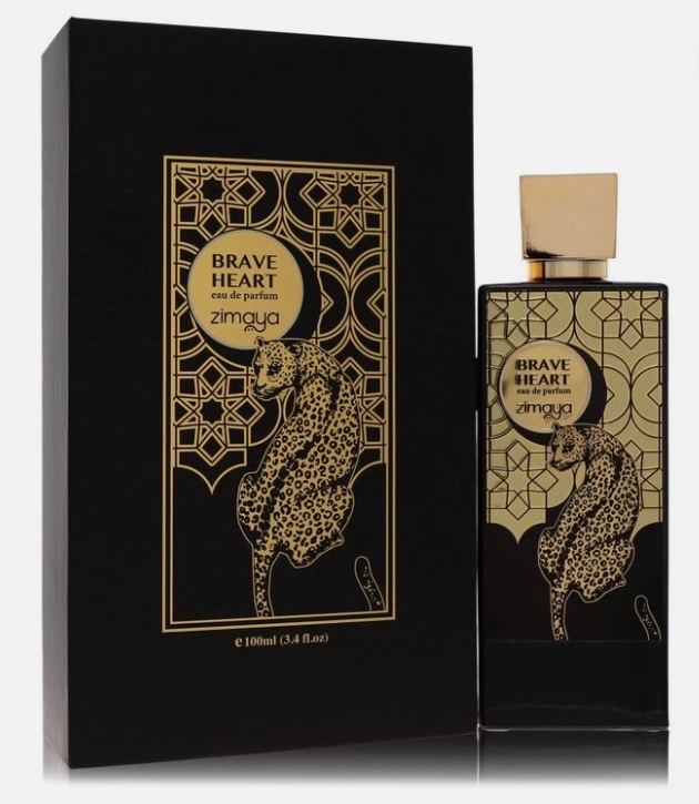 Zimgya Brave Heart Eau de Parfum bottle and its black presentation box, both decorated with gold geometric patterns and a leopard illustration.