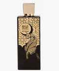 Zimaya Brave Heart Eau de Parfum bottle, featuring a black rectangular body with a gold cheetah illustration and geometric pattern, topped with a square gold cap, set against a plain white background.