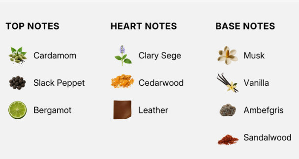 A color and scent profile diagram showing top, heart, and base notes for a fragrance. The top notes include Cardamom, Slack Peppet, and Bergamot with small green, black, and lime illustrations.