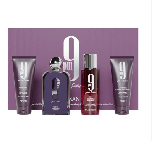 A 4-piece men's fragrance gift set by APNIAN, featuring a purple box with a large white '9' and 'from fema' text, flanked by four matching dark purple and red bottles and tubes with silver caps.