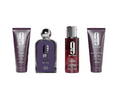 Four men's grooming products from Japan on a white background: a purple body wash tube, a dark purple perfume bottle, a dark red body mist bottle, and a purple shampoo/conditioner tube.