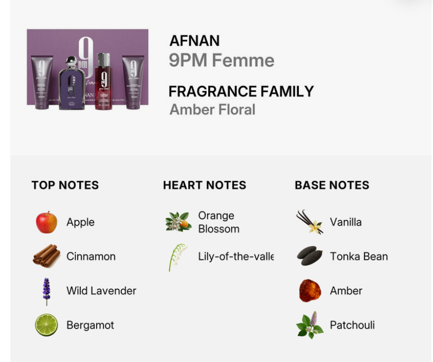 A fragrance notes graphic for Afnan 9PM Femme, showing the product packaging in purple and black bottles on the top left, with scent classification as Amber Floral. Below, the notes are listed: top notes include Apple, Cinnamon, Wild Lavender, and Bergamot; heart notes include Orange Blossom and Lily-of-the-valley; base notes include Vanilla, Tonka Bean, Amber, and Patchouli.