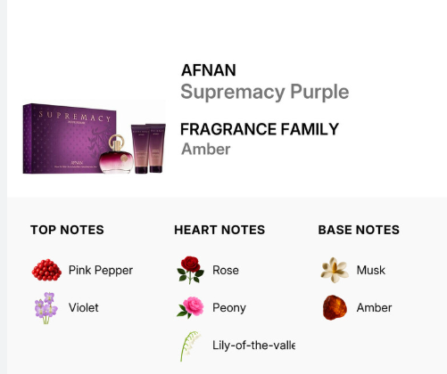 A fragrance product graphic for Afnan Supremacy Purple, showing the purple box, perfume bottle, and two tubes on a white background, with text listing amber as the scent family and top/heart/base notes including pink pepper, violet, rose, peony, musk, and amber.