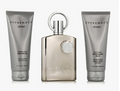 A three-piece men's grooming set by Afnan Supremacy, featuring a metallic champagne-colored bottle in the center flanked by a silver shower gel tube on the left and a silver after shave balm tube on the right, all on a white background.