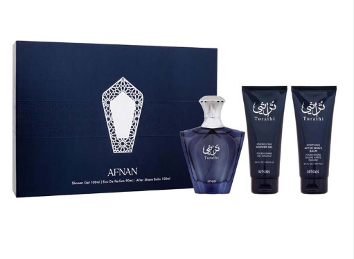 AFNAN Taralihi shower gift set featuring a dark blue box, a matching blue glass bottle with a silver cap, and two dark blue tubes of shower gel and body wash on a white background.