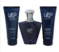 A three-piece Afnan Turathi men's grooming set featuring a dark blue shower gel tube, a matching bottle of fragrance with a silver cap, and a soothing after shave balm tube, all on a white background.
